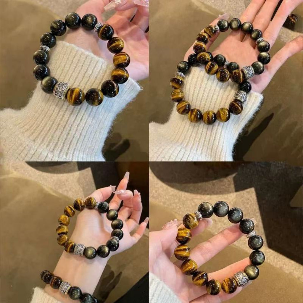 Natural Tiger’s Eye & Silver Obsidian Bracelet | Men’s Wealth & Luck Charm for Career, Confidence & Manifestation 💼