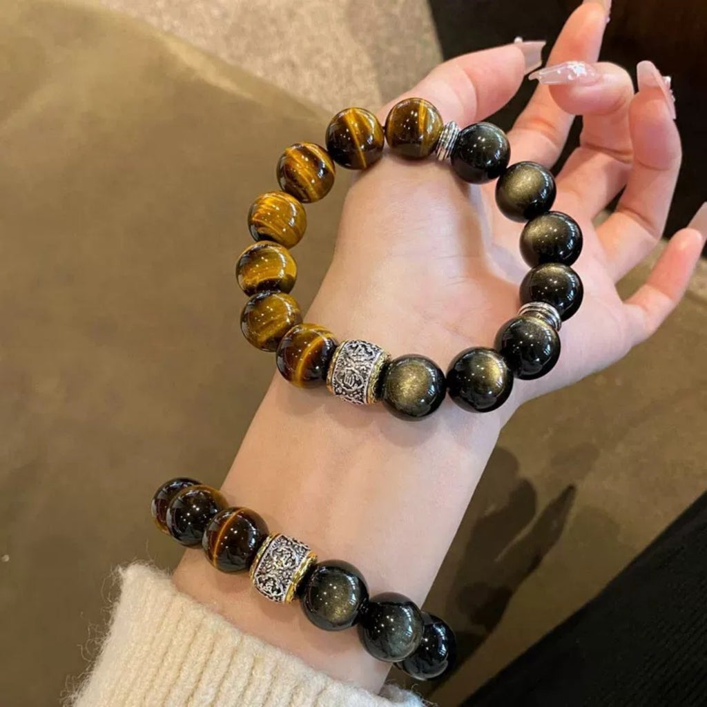 Natural Tiger’s Eye & Silver Obsidian Bracelet | Men’s Wealth & Luck Charm for Career, Confidence & Manifestation 💼