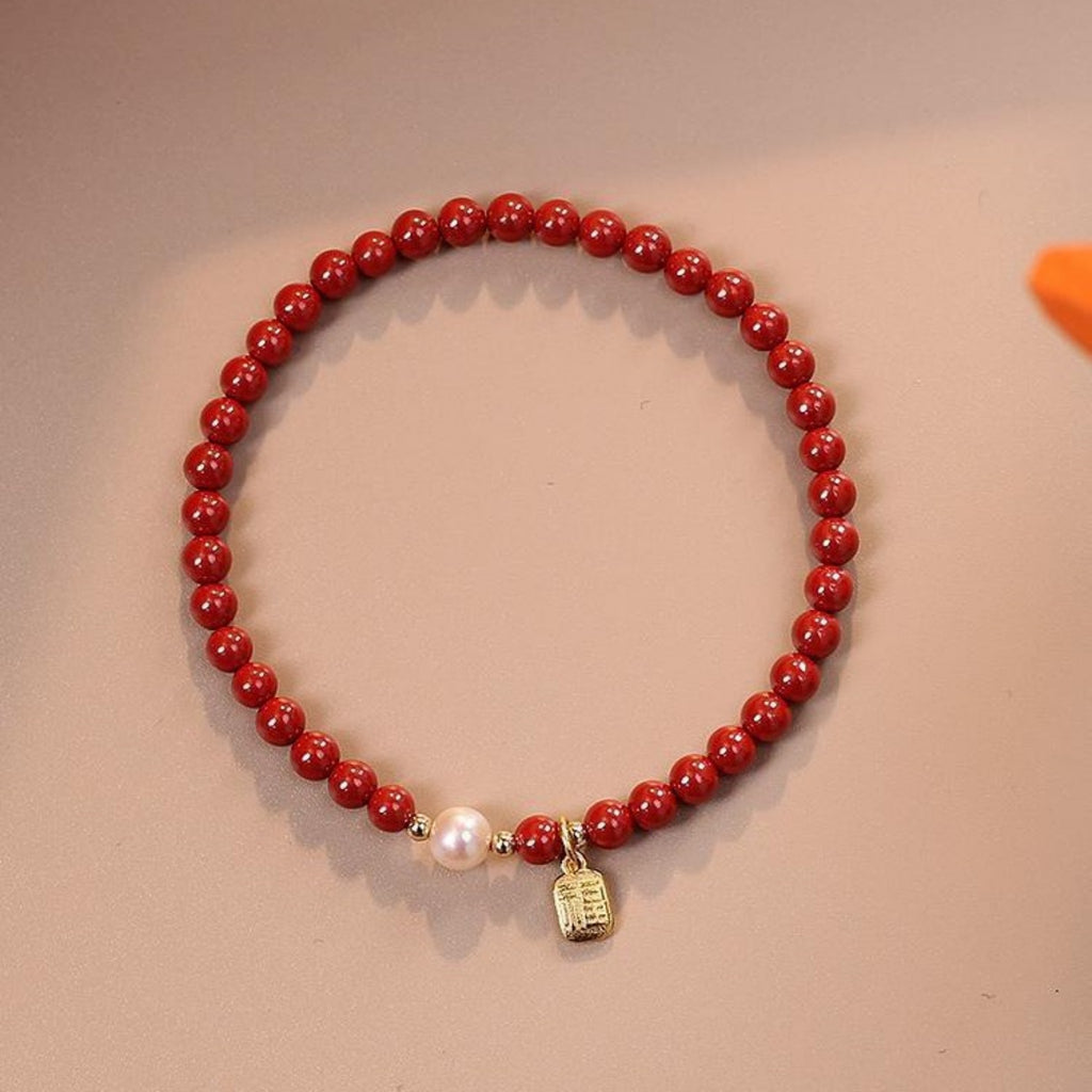 Imperial Cinnabar Bead Bracele t with Pearl & Fortune Charm – Ancient Protection Stone for Courage, Calm & Good Luck