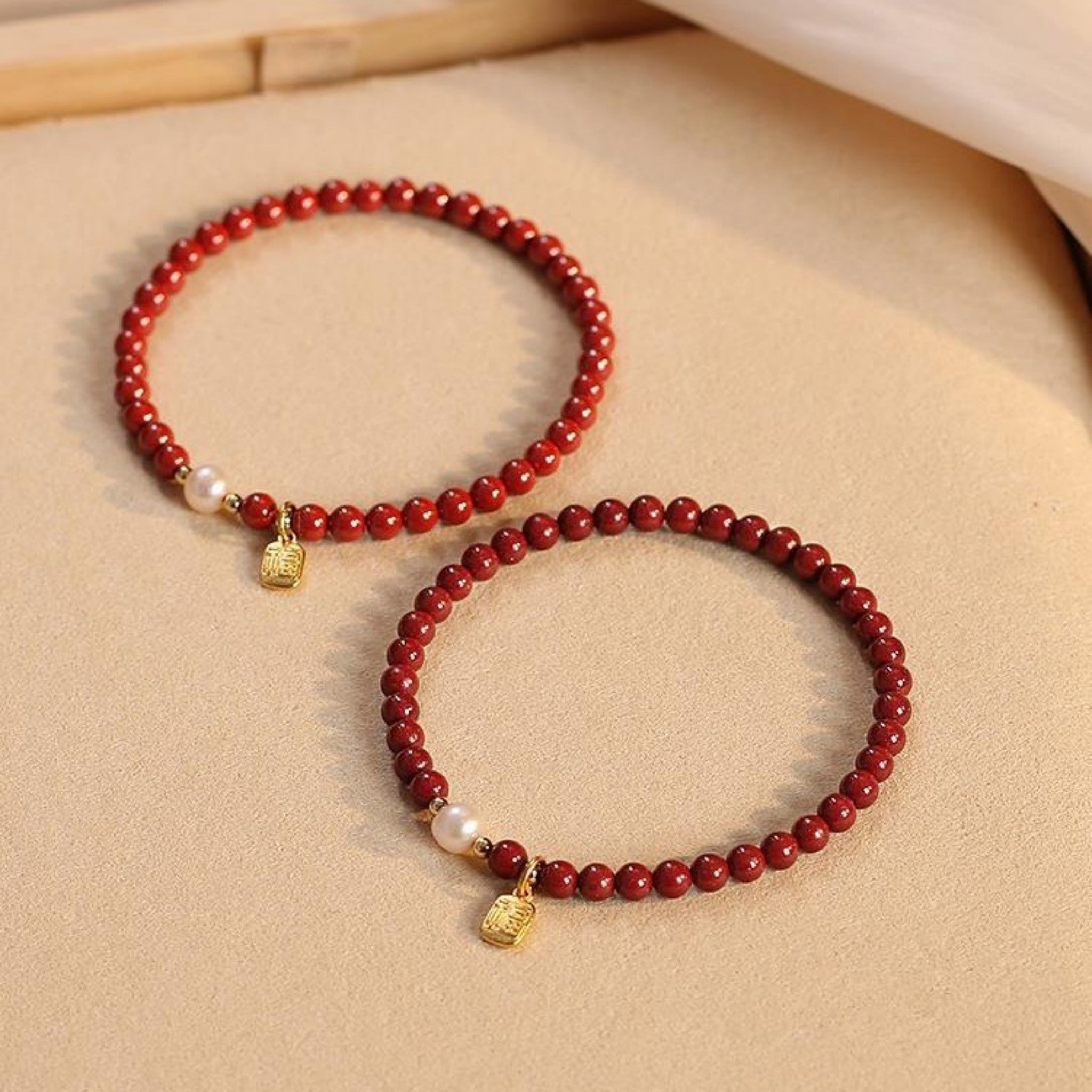 Imperial Cinnabar Bead Bracele t with Pearl & Fortune Charm – Ancient Protection Stone for Courage, Calm & Good Luck
