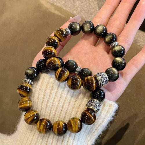Natural Tiger’s Eye & Silver Obsidian Bracelet | Men’s Wealth & Luck Charm for Career, Confidence & Manifestation 💼