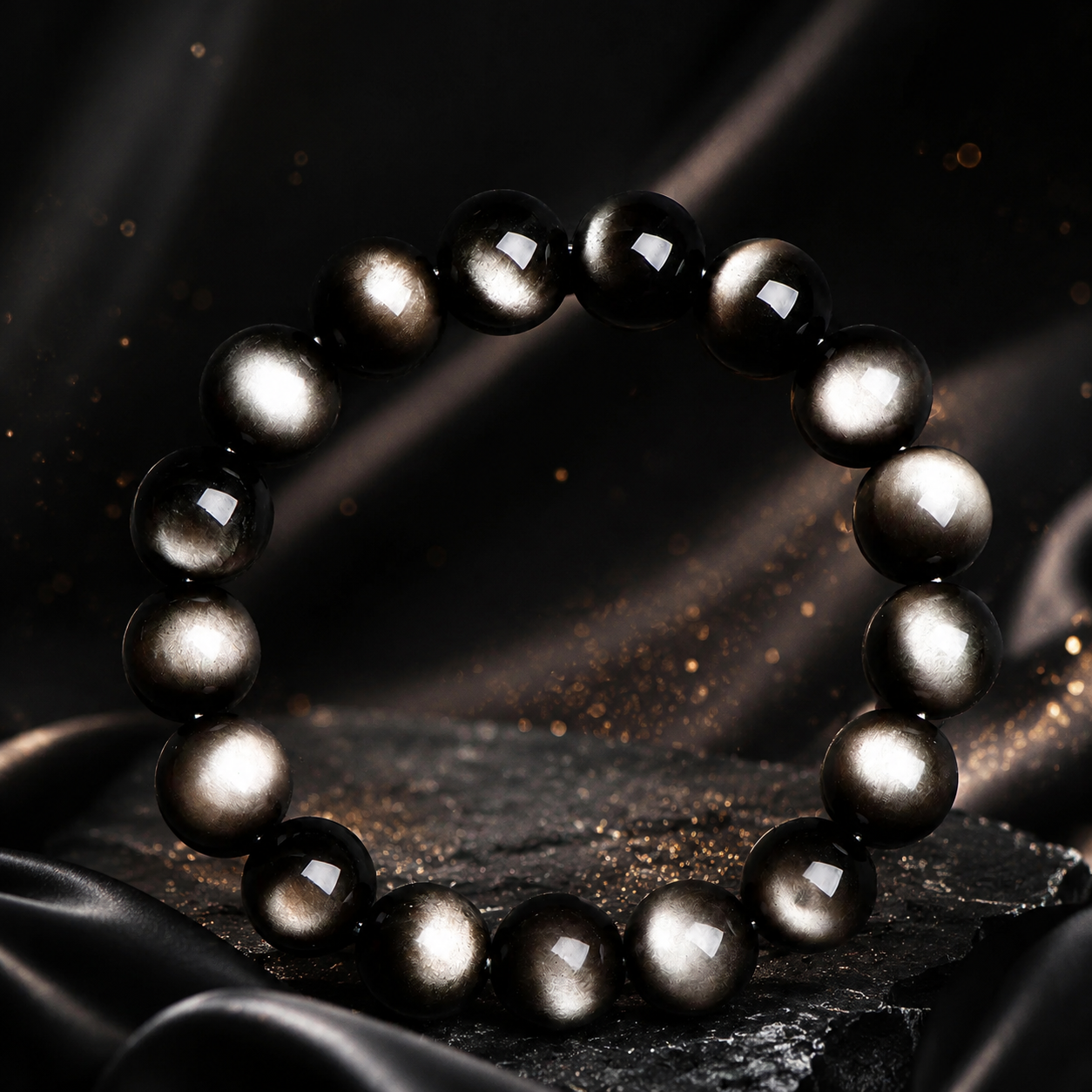 Guochao Style 7A Grade Double-Eyed Silver Obsidian Bracelet | Silver Cat's Eye Cool Beaded Bracelet | Unisex Zodiac Year Lucky Charm | Social Media Viral Hit